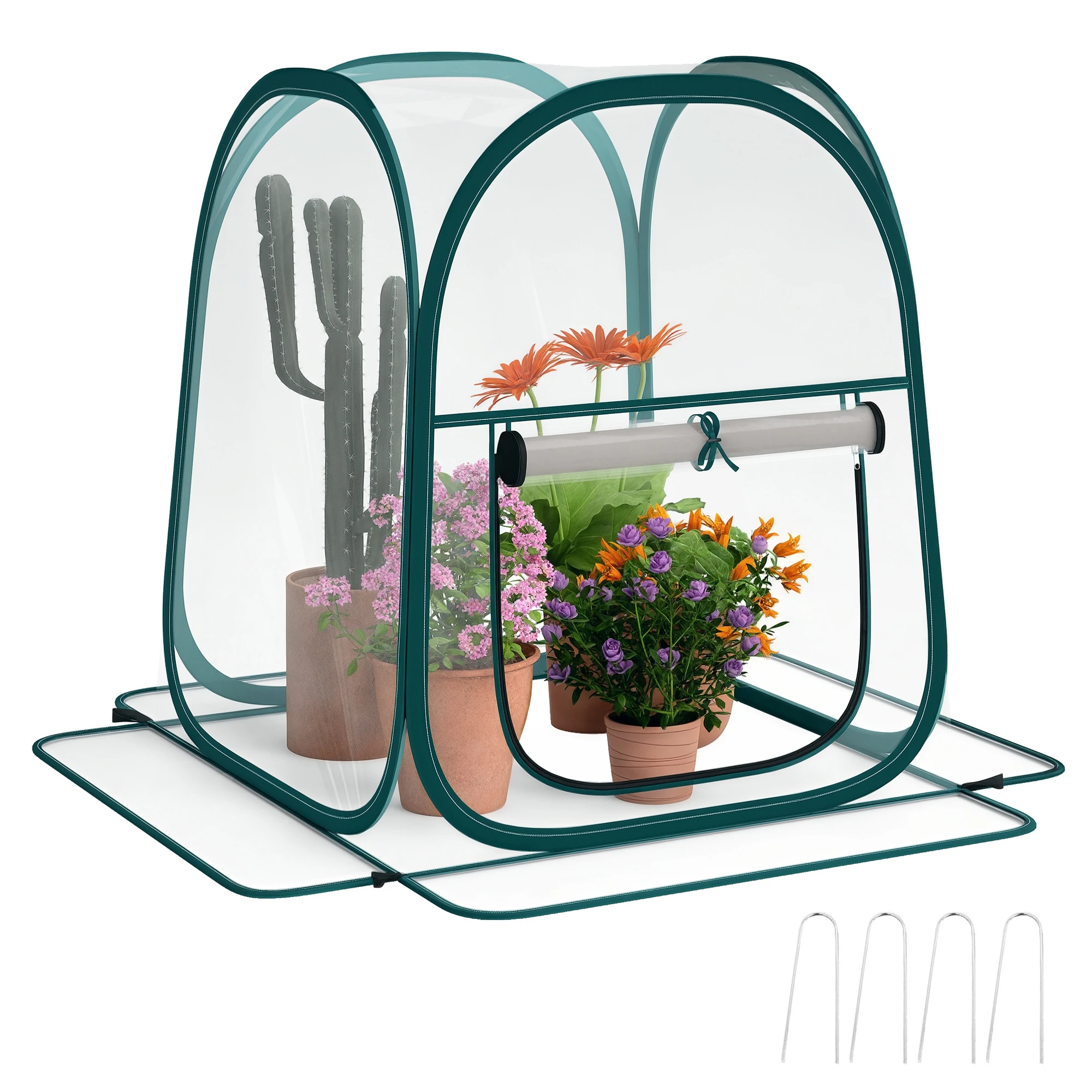 Outsunny Mini Opvouwbare Pop-Up Kas, Transparante Buitenkas met Roldeur en Plastic Afdekking, Winddicht, voor het kweken van planten, bloemen, 70X70X80 Cm, Transparant