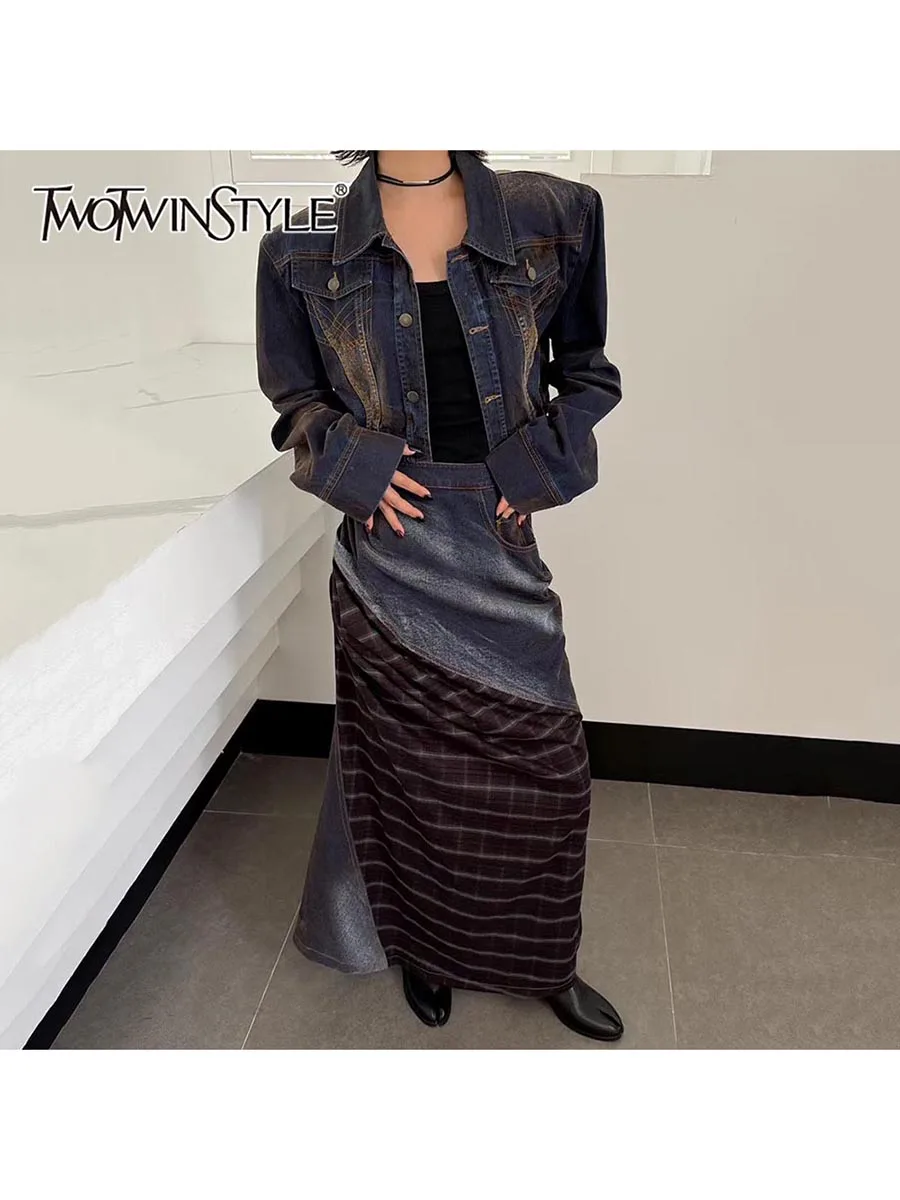 

TWOTWINSTYL Cowboy Two Piece Sets for Women Lapel Long Sleeves Short Jacket High Waist Patchwork Plaid Skirt Fashion Set Female