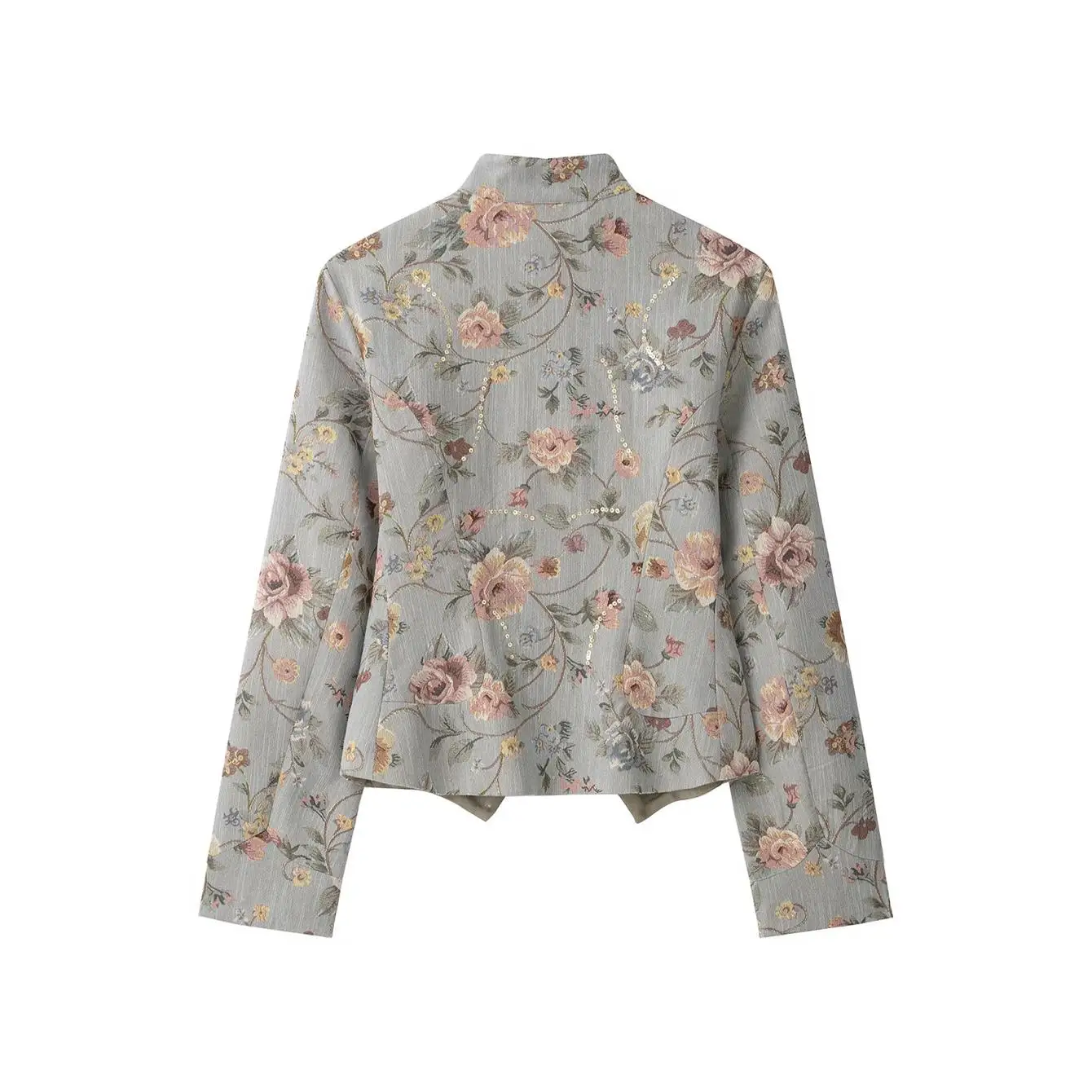 TFMLN 2026 Damen Pailletten-Blumenjacke Stehkragen Knopfleiste Vorne Elegante Lässige Oberbekleidung Mode Neue Schlanke Passform Bedruckter Kurzer Mantel – Detail 3