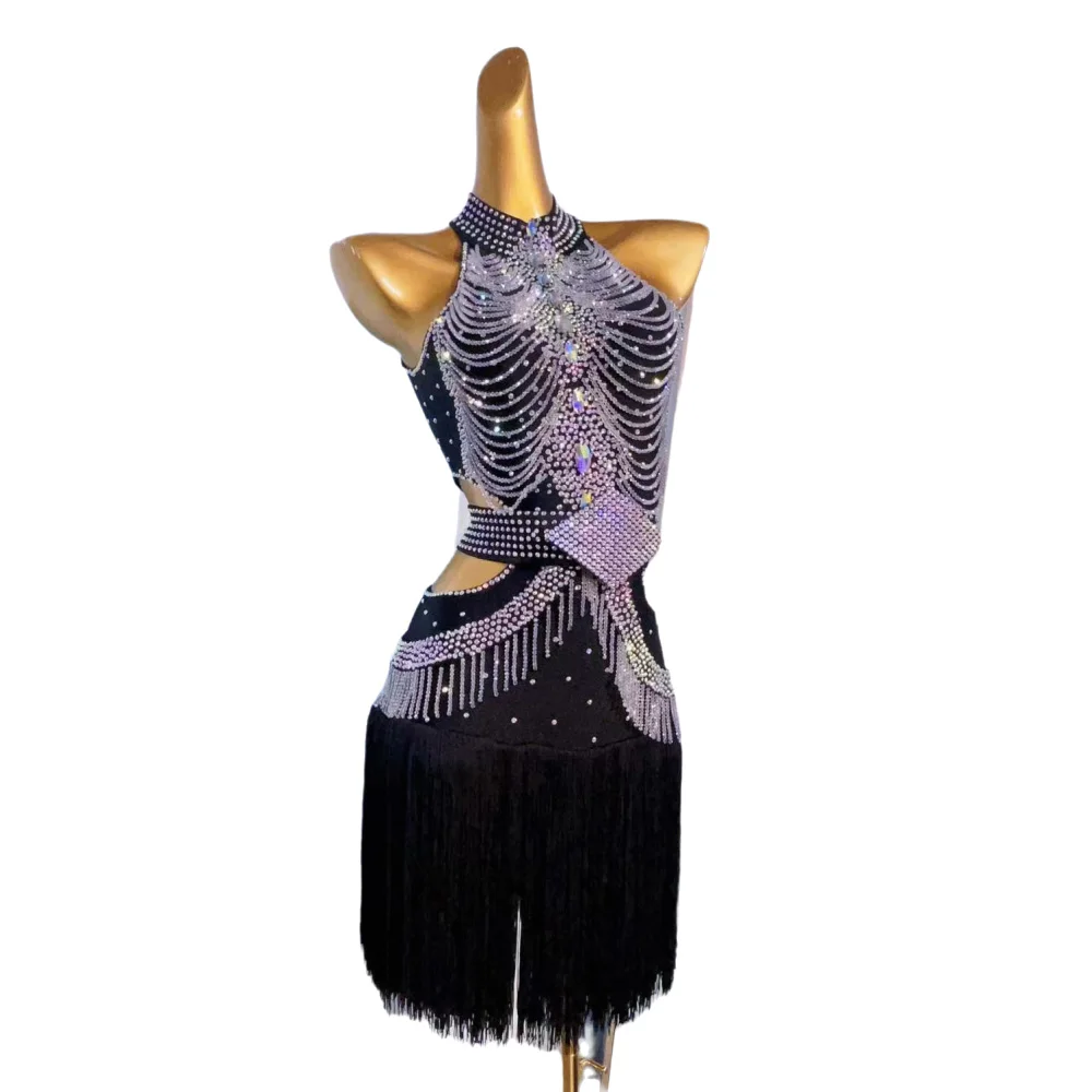 Traje de dança latina ab pedra feminino adulto crianças high-end personalizado volta pérola corrente preto piscina samba vestido