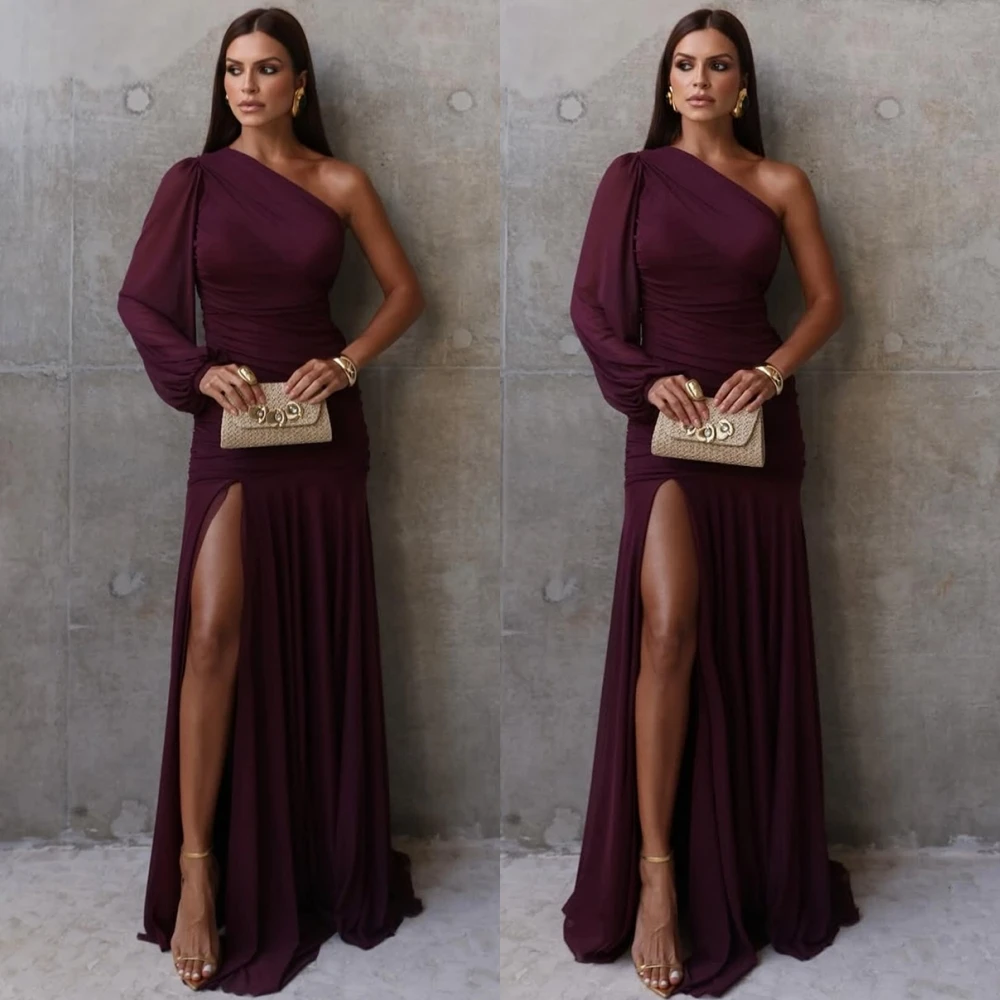 

Customized Fashion Chiffon Evening Dress Fashion Sweep Train One Shoulder Prom Dresses Delicate Side Slit Special Occasion Gowns