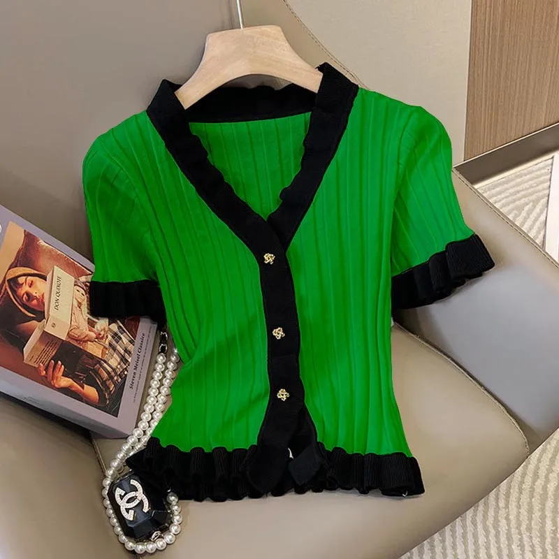 

Femmino Jumper Lady Office Outerwear contrasting Color Lace V-neck Knitted Short Sleeved T-shirt Women's Summer New Fashion Top