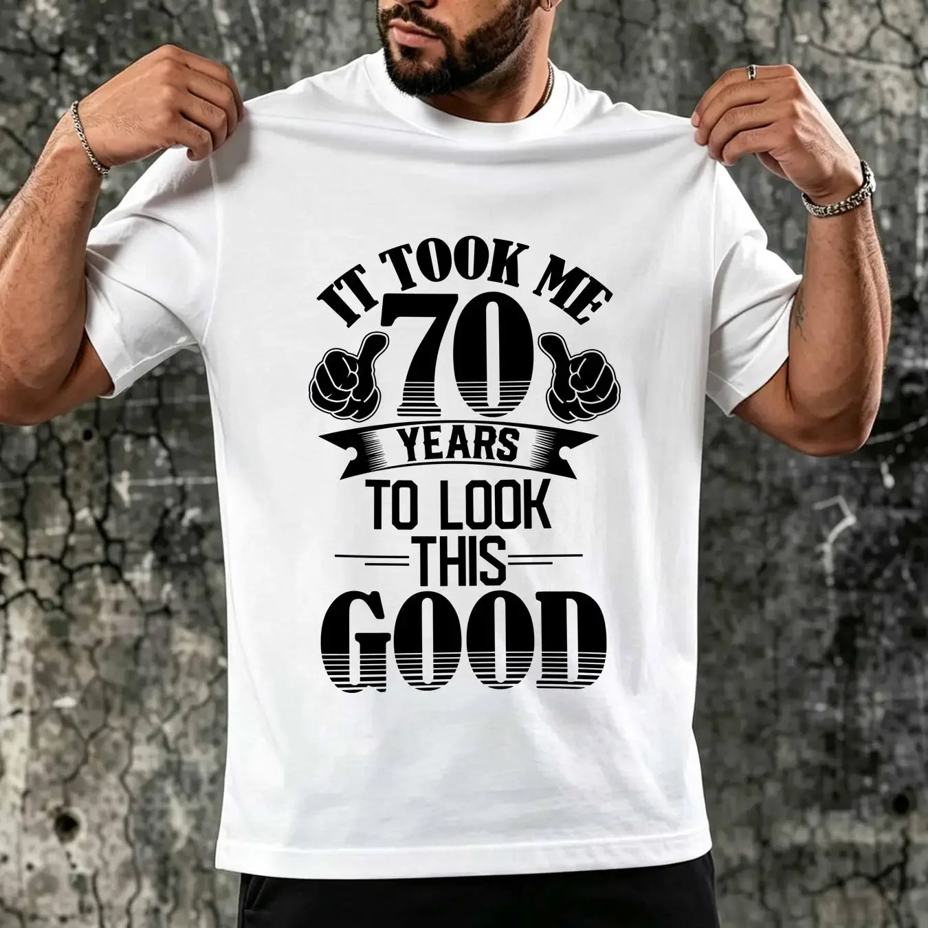 washed T Shirt Funny 70th Birthday It Took Me 70 Years To Look This Good in sizes small through 6xl with pointing thumbs design