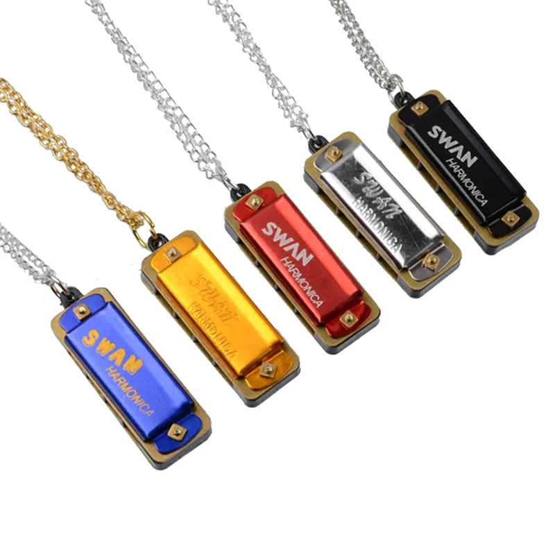 10Pcs Swan Mini Harmonica 4 Holes 8 Tones Harmonica Mouth Organ Metal Chain Necklace Style