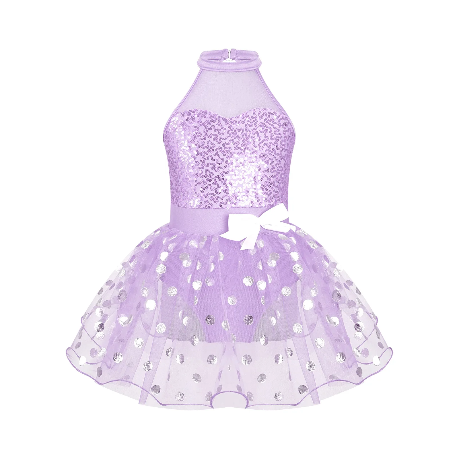 Kids Girls Sequin Mesh Tutu Ballet Dance Leotard Dress Sleeveless Bowknot Princess Dress Dancewear for Birthday Party Stage