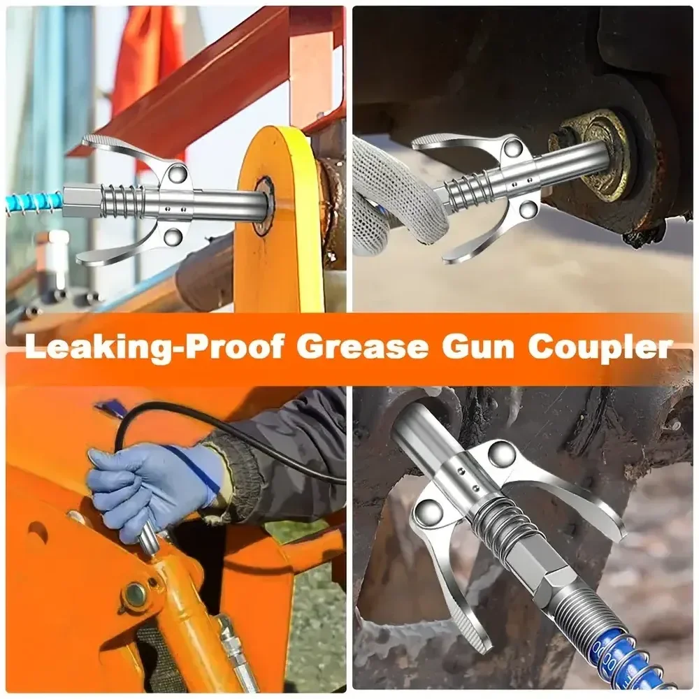 Portable Grease Gun Coupler,Universal 10000 PSI Stainless Steel Double Handle Grease Gun,Quick Release NPTI/8 Oil Pump Coupler