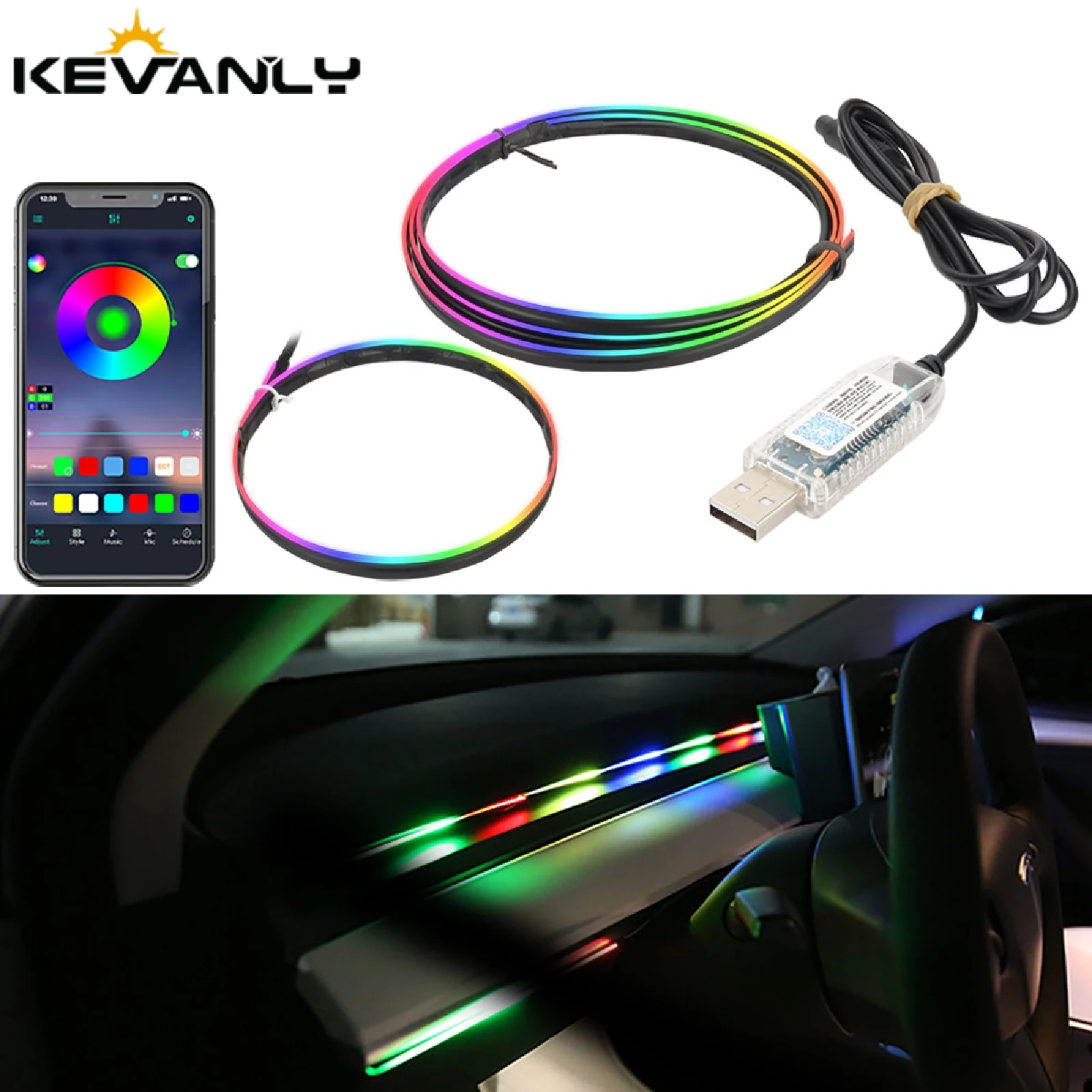 64 Colors USB Car LED Ambient Light Acrylic Strips Dashboard Lights RGB Car Interior Hidden App Remote Control Atmosphere Lamp