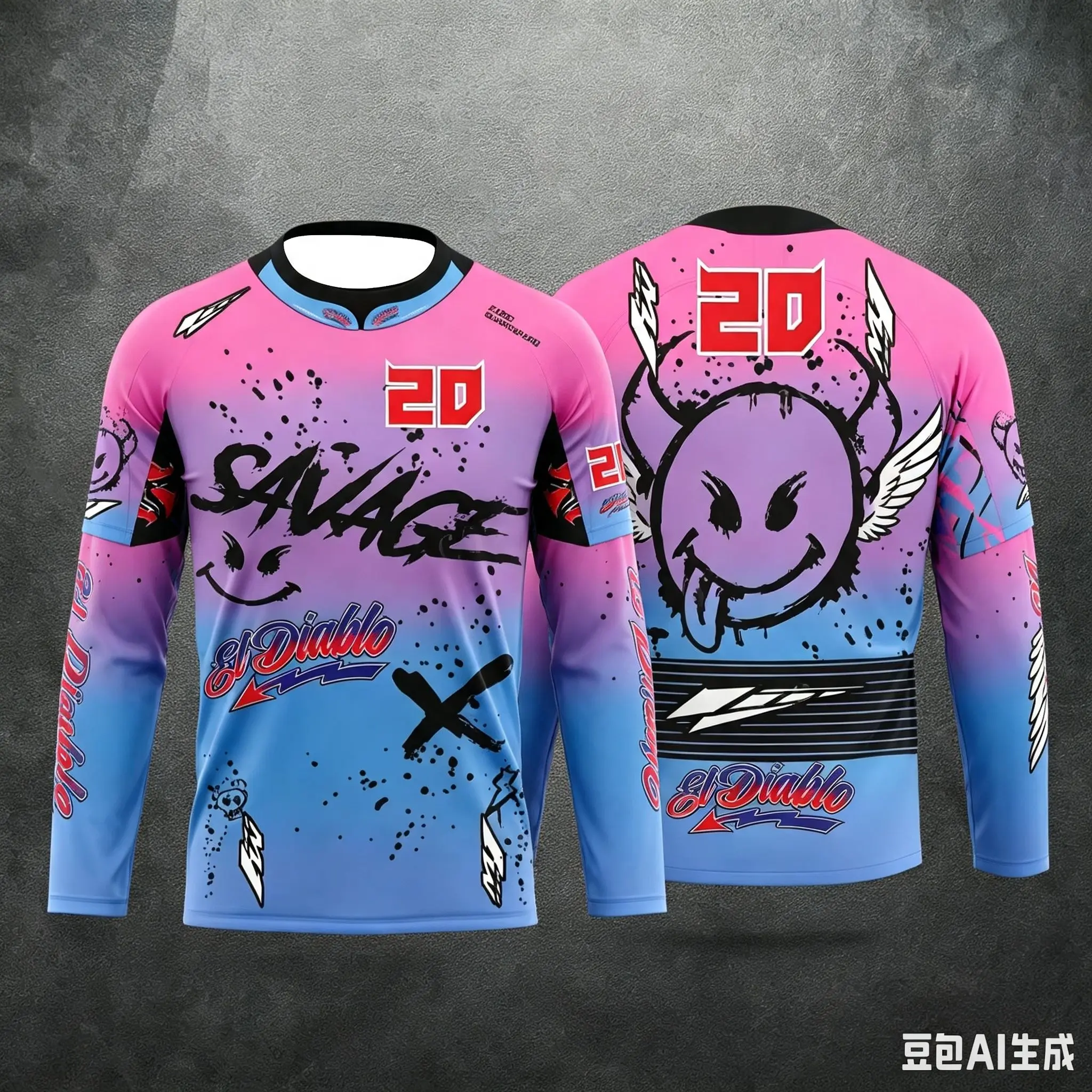 Teufel-Smiley-Graffiti-Rennnummer Langarm-T-Shirt Familien-Partnerlook Atmungsaktiv Schnelltrocknend Motocross Sport Freizeit-Oberteil – Detail 6
