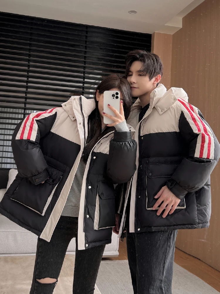 

Couple Winter Warm Korean Casual Loose High Street Hooded Down Coat 2023 New Arrivals Women Men's 90% White Duck Down Jackets