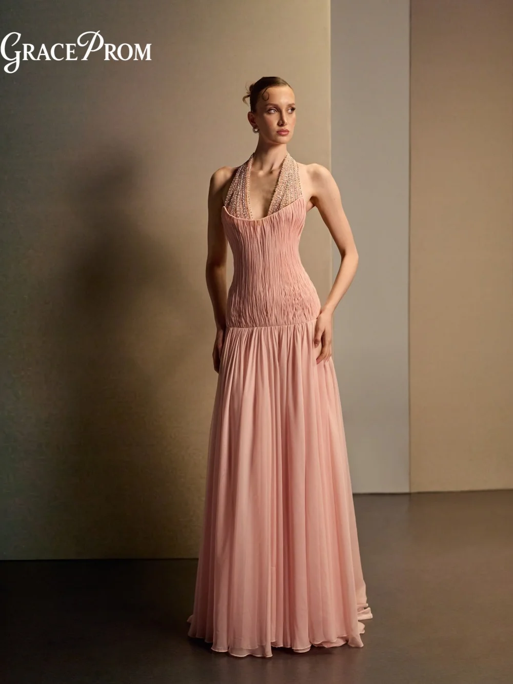 Ethereal Pink Halter Neck Beaded Chiffon A Line Evening Gown Party Dress 2026 For Wedding Guests فساتين سهرة Formal Prom Dress