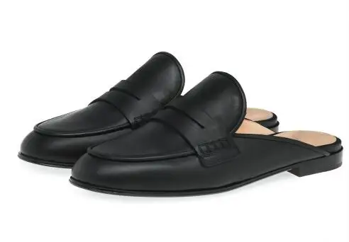 New Tan Suede Black Leather Round Toe Flat Half Slippers Mules Woman Outdoor Leisure Slip On Flat Shoes Loafers Drop Shipping