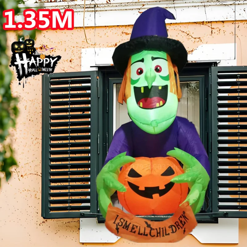 Halloween Inflatable Wall Climbing Witches And Green Headed Ghosts with LED Lights Outdoor Courtyard Garden Yard Horror Decor