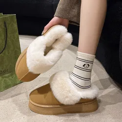 2024 New Leather Women Fashion Winter Indoor Solid Color Suede Fur Slippers Ladies Home Platform Warm Uggs Slip-on Women's Shoes