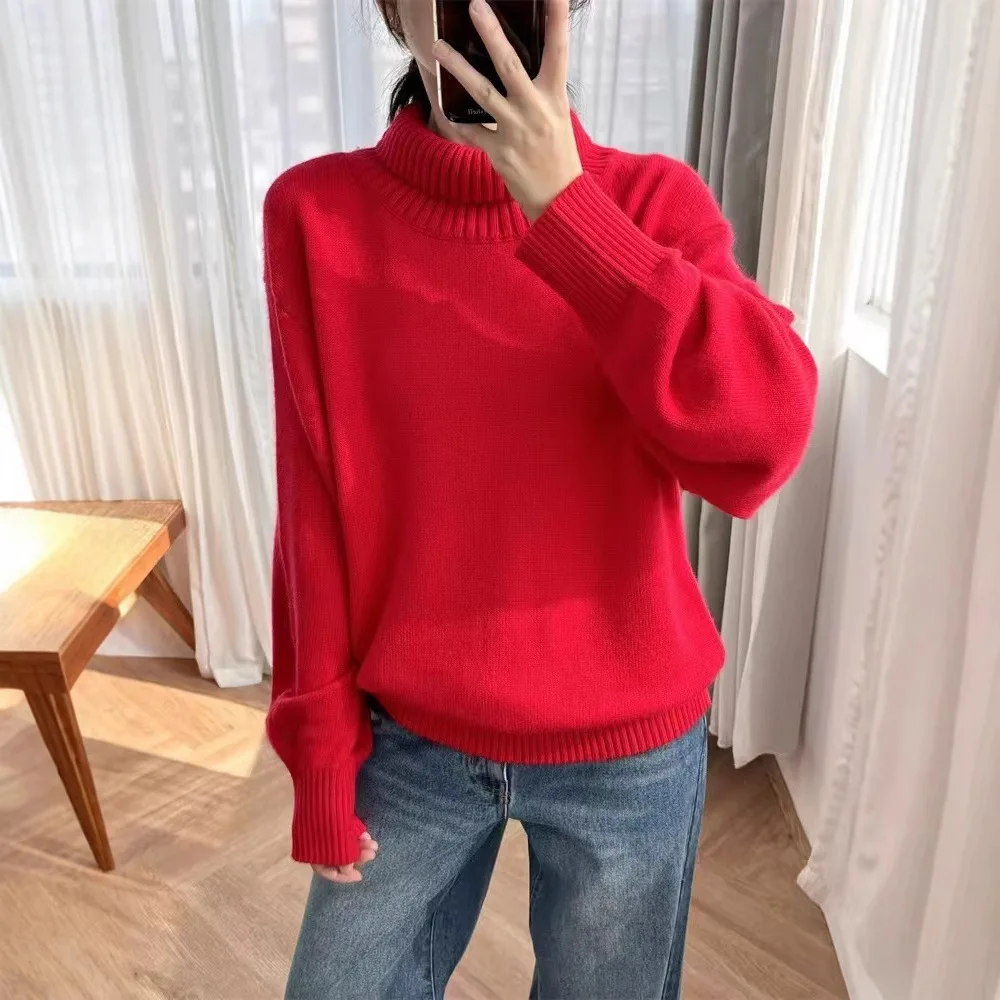 

M Home Autumn Faion Новый женский свободный повседневный красный вязаный свитер с высоким воротником Lazy Long Sve, трикотаж, удобный крой