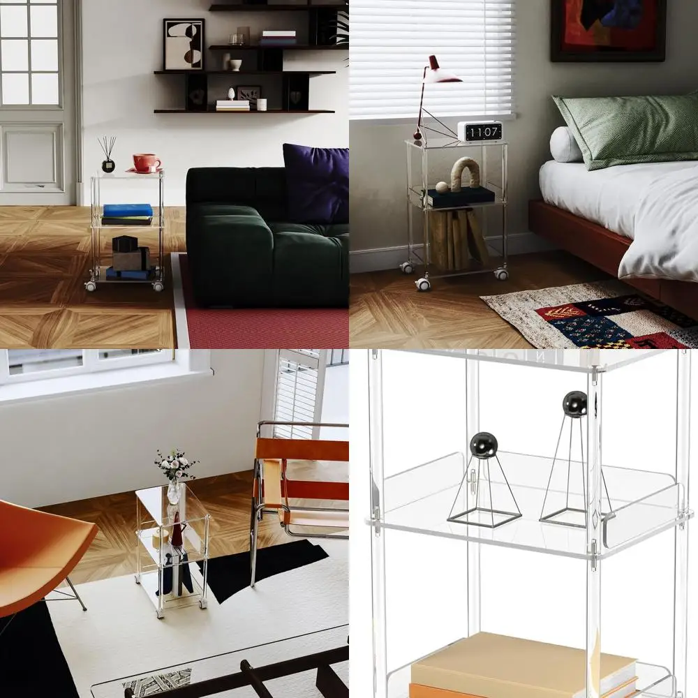 

3-Tier Acrylic End Table with Lockable Casters, Clear, Suitable for Living Room, Bedroom, Office - 15.6L x 11.6W x 24H