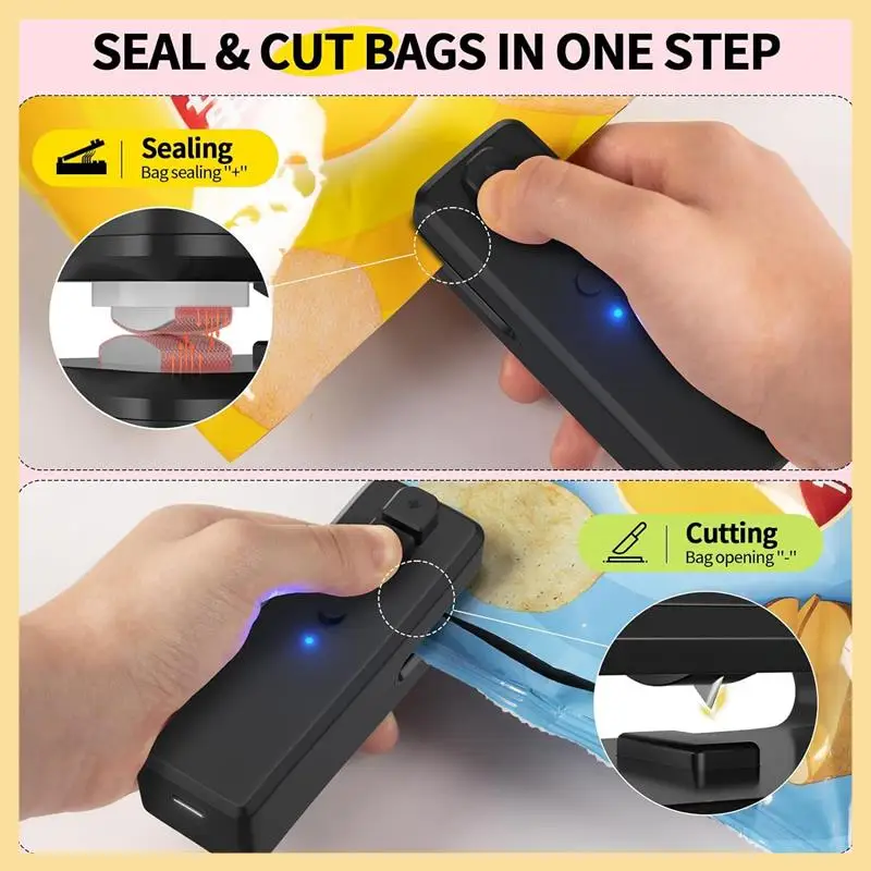 Bag Sealer , 3 In 1 Mini Bag Sealer Heat Seal With Cutter &Magnet,Rechargeable Mini Chip Bag Vacuum Sealer Machine Black Durable