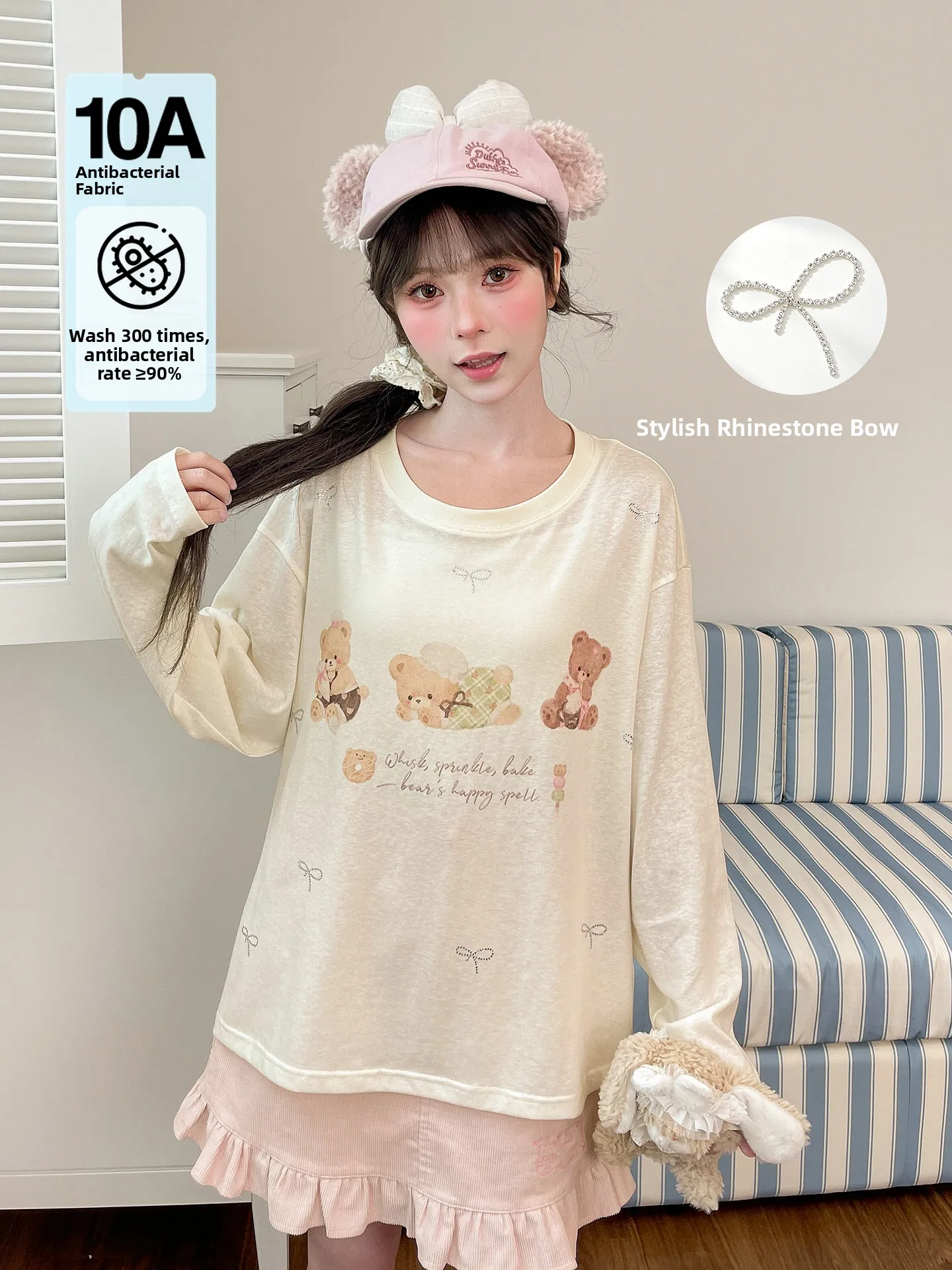 Sweet Style Long Sleeve T-Shirt Women's  Knot Shoulder Drop Early Autumn Thin Base Shirt Creamy Little Bear Print Co...