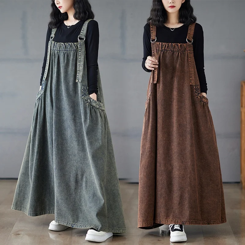 

Retro Distred Color Denim Overalls plus Size Women's Spring Autumn Long Slimming Versatile Svel Dr