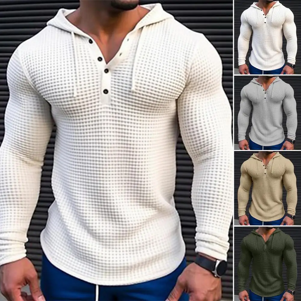 Waffle Solid Cotton Slim Fit Hoodie Fashion Hip Hop Street Sweater Men's Breathable Sports Coat Cotton Casual Long Sleeve