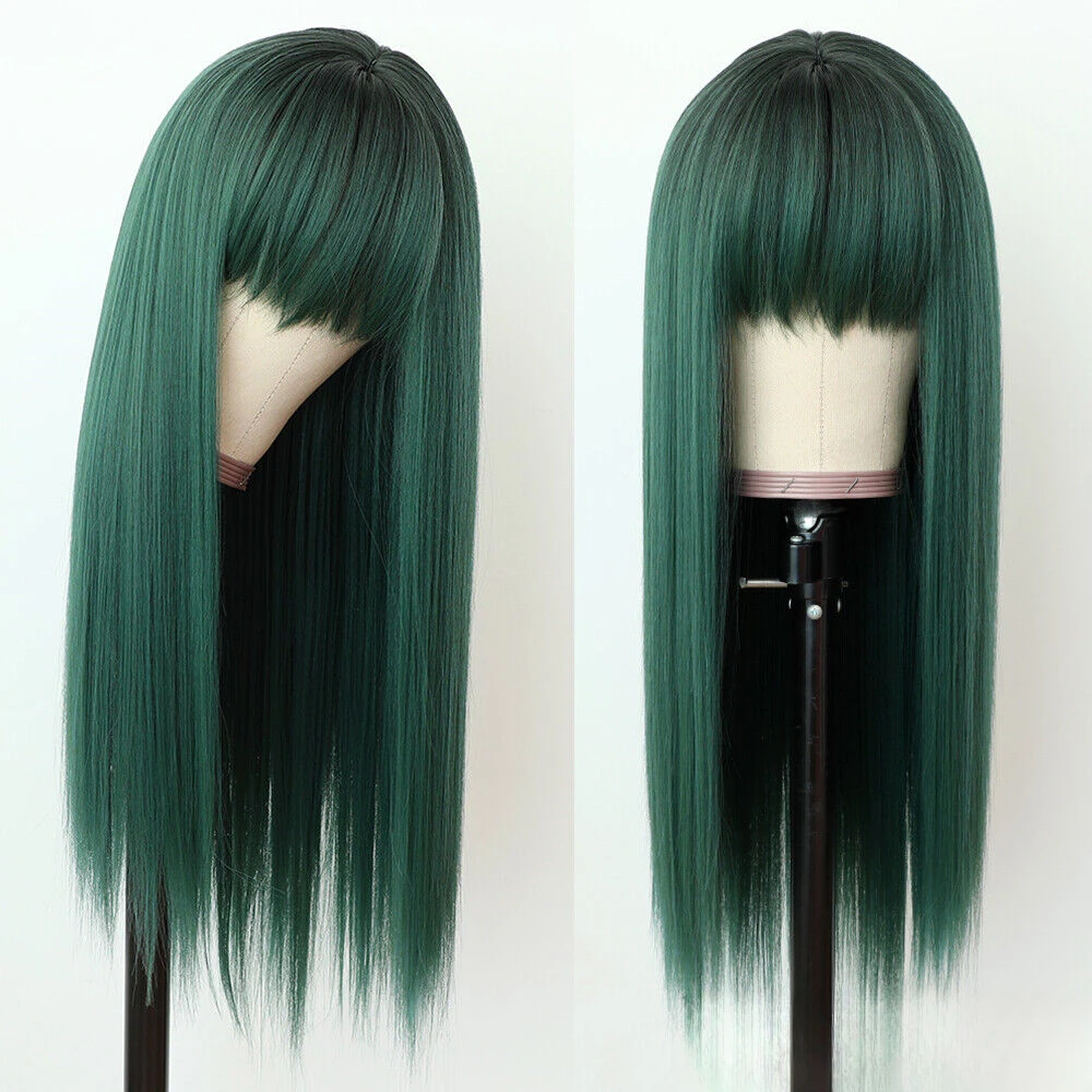 Ombre Green Synthetic Hair No Lace Heat Resistant Party Wig Straight Bangs