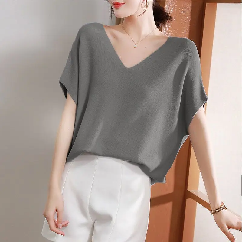 2023 Summer Solid Color Fashion Clothes Ladies V-neck Batwing Sleeve Pullover Tops Women Loose Elegant Knitting T-shirt