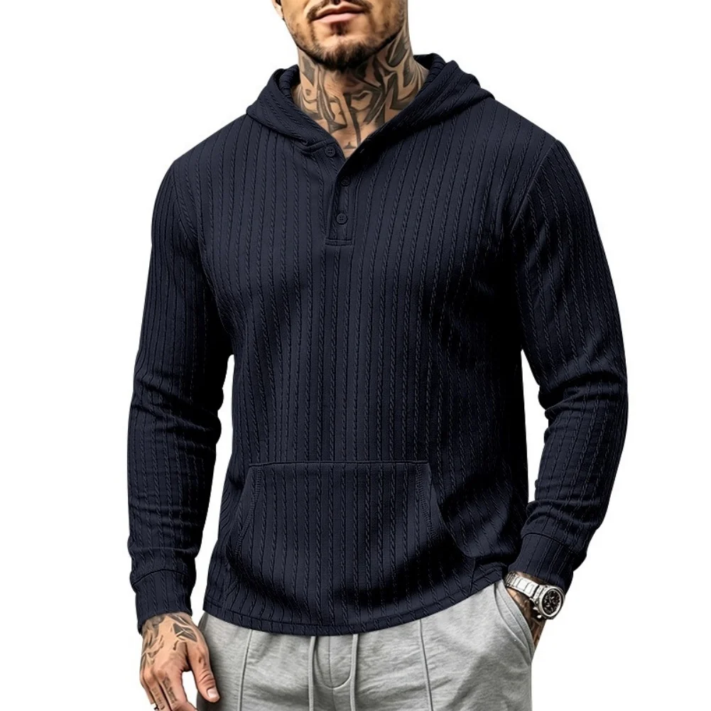 Men's Solid Color Jacquard Half Placket Pocket Long Sleeve Hooded Sweatshirt for Summer Vacation Beach Cycling and Yoga
