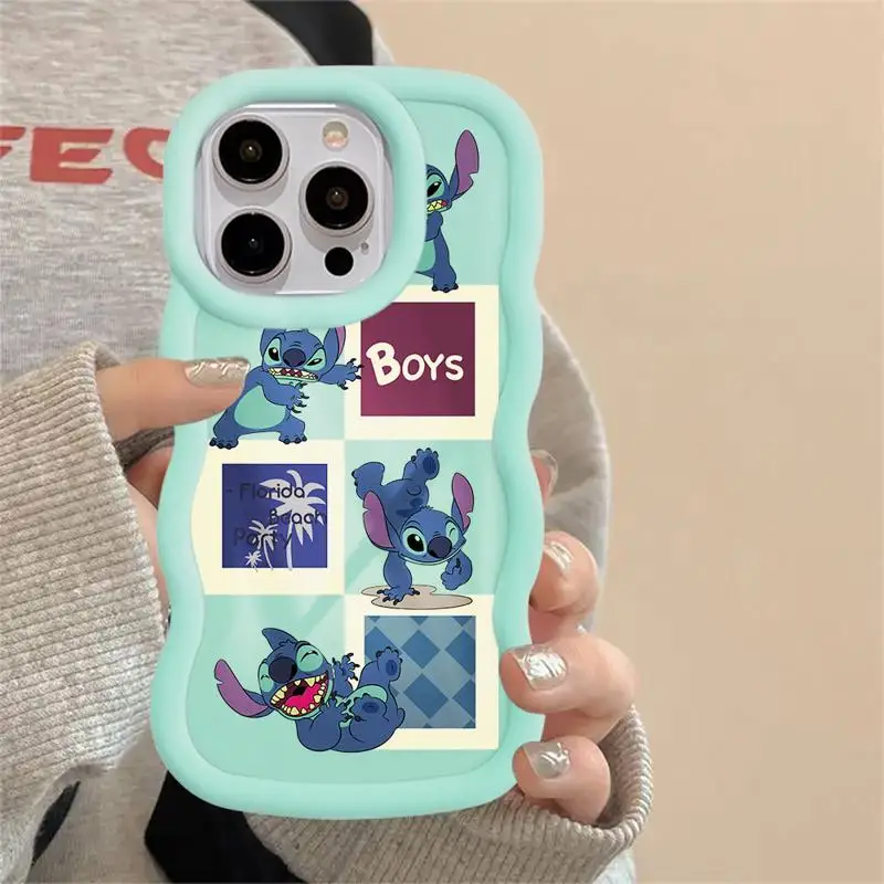 Luxury Disney Happy Stitch Angel Macaron Waves Phone Case for iPhone 15 14 13 12 11 pro Max XS XR X 7 8 plus Soft Candy Cover