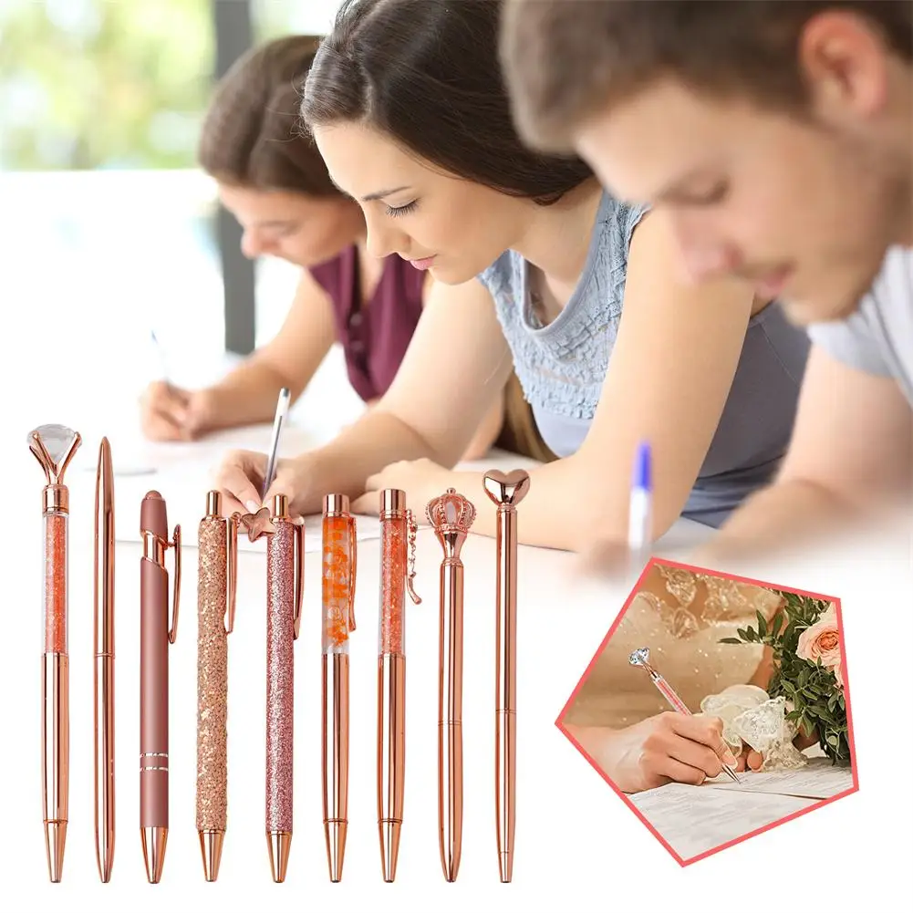 Rose Gold Metal Ballpoint Pen Set para Mulheres, Crystal Diamond Pen, Tinta Preta, Office Glitter Pen, Casamento Sup, Y6W5, 9Pcs