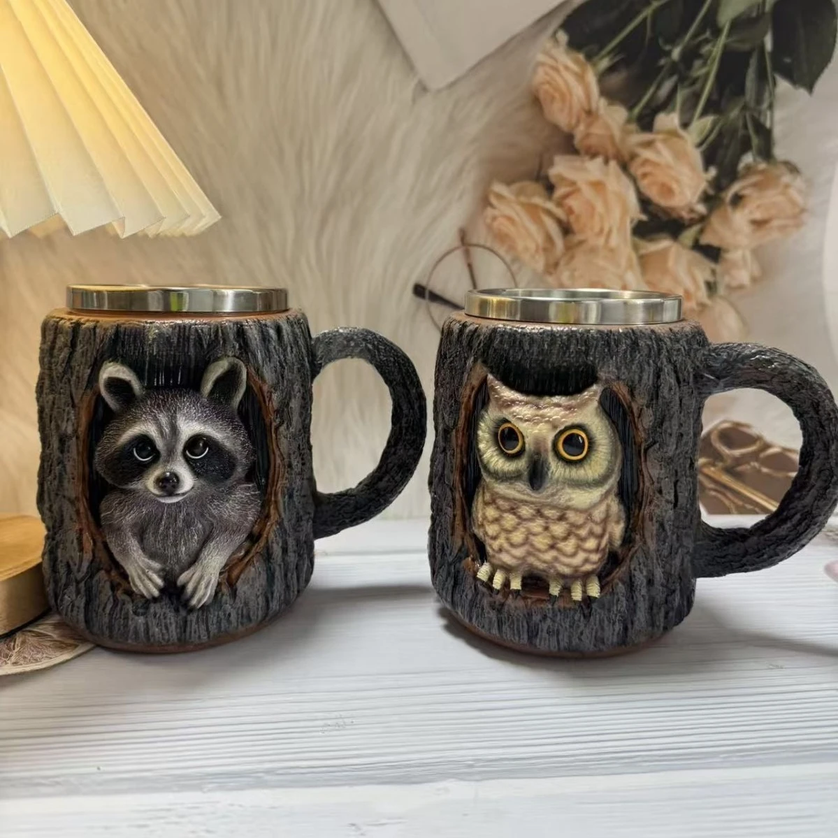

Кружка ручной работы из смолы с внутренней подкладкой из нержавеющей стали, милая чашка для кофе в виде пенька дерева, совы, енота, гаджет для домашней кухни