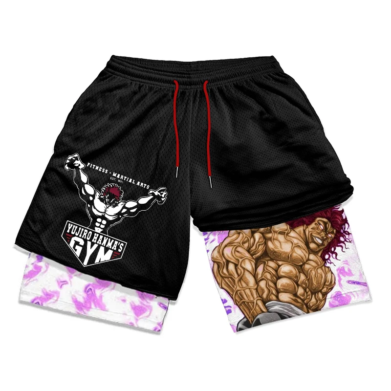 Stylish Anime Baki Hanma Graphic Shorts for Men Athletic Gym Workout 2 in 1 Shorts with Compression Liner Fitness Activewear