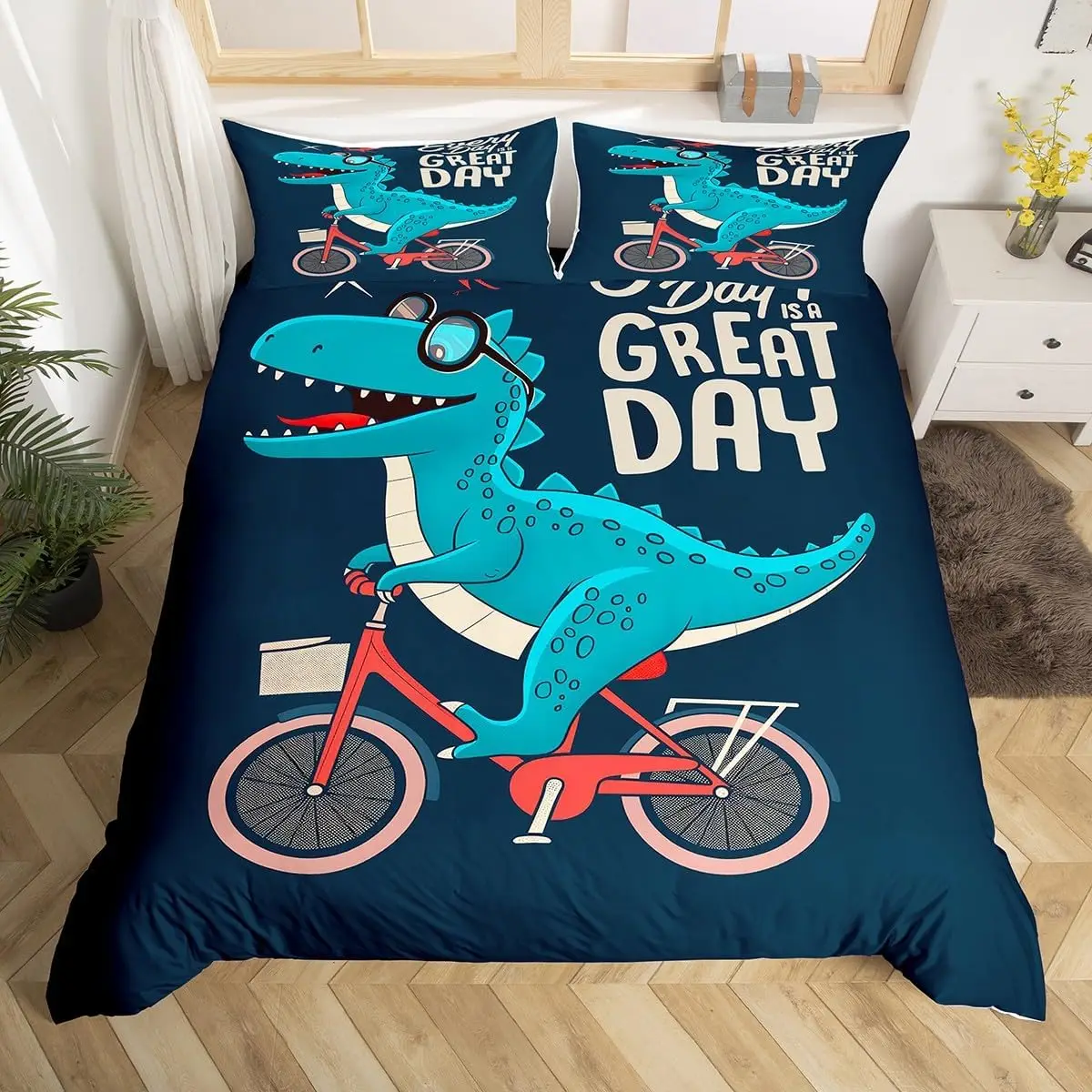 Cartoon Dinosaur Bedding Set Cute Dino Duvet Cover Set for Boys Teens Bedroom Decor Wildlife Jungle Animal Comforter Cover Set
