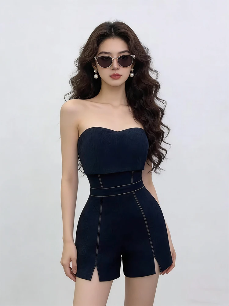 

Sexy Pure Desire Denim Tube Top Jumpsuit Women's Unique Design Waist Cinching Split Short Pants High Waist Wide Leg Pants