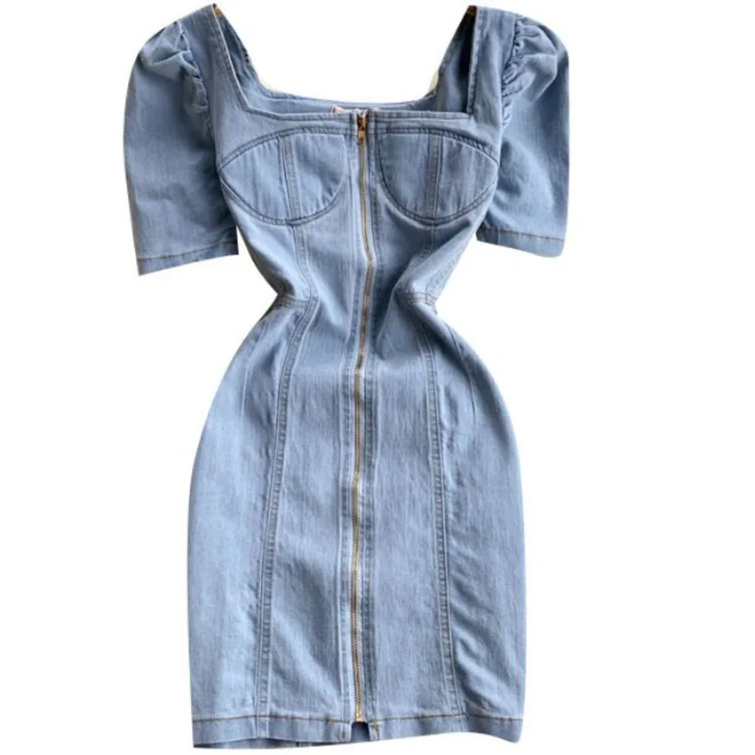 

summer vintage square collar denim dress women puff sleeve slim package hip a-line dress