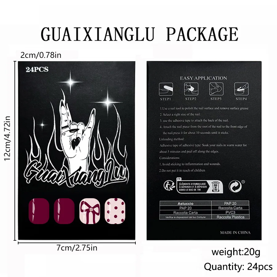 Faux ongles carrés courts à pression pour femmes, 24 pièces, points de vin rouge brillant, nœud à paillettes, mignon, doux, automne et hiver