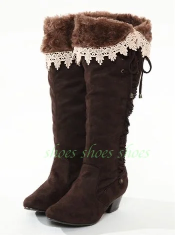 

Женские винтажные коричневые замшевые сапоги с мехом и принтом, на шнуровке, с бантом, на массивном каблуке, в богемном стиле, до колена, размеры 34-46