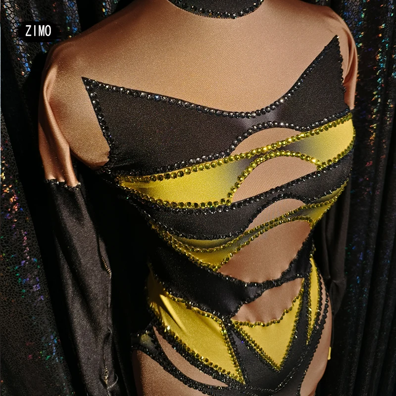 Mono negro amarillo con diamantes de imitación para mujer, traje Sexy para actuación de baile en barra, mono elástico para club nocturno, disfraces de festival DS Drag