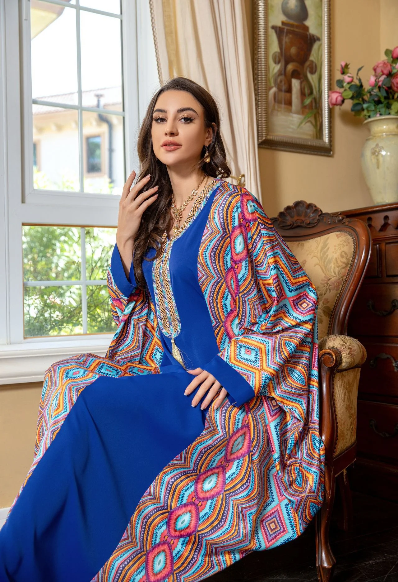 

Eid Party Morocco Abaya Muslim Women Diamond Print Bat Sleeve Maxi Dress Turkey Evening Gown Arab Kaftan Dubai Jalabiya Vestidos