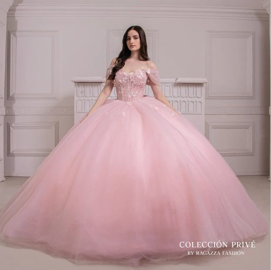 Robe princesse Quinceanera papillon rose, robe florale perlée de luxe, 16 anniversaires, robe à lacets, robe éducative