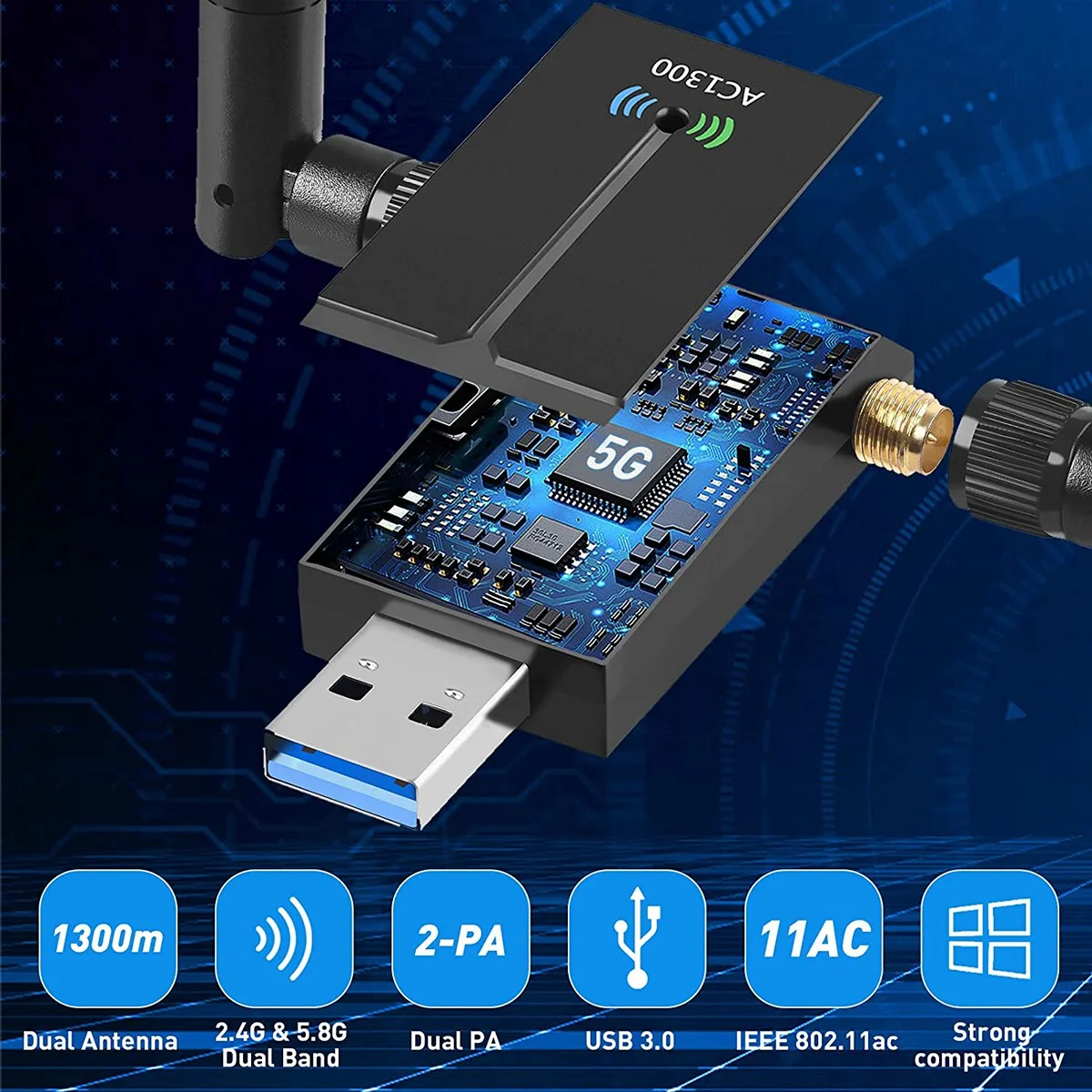 1300Mbps Long Range USB WiFi Adapter for PC Desktop Laptop ,USB Wireless Adapter Dual Band 2.4GHz 5GHz Internet Stick