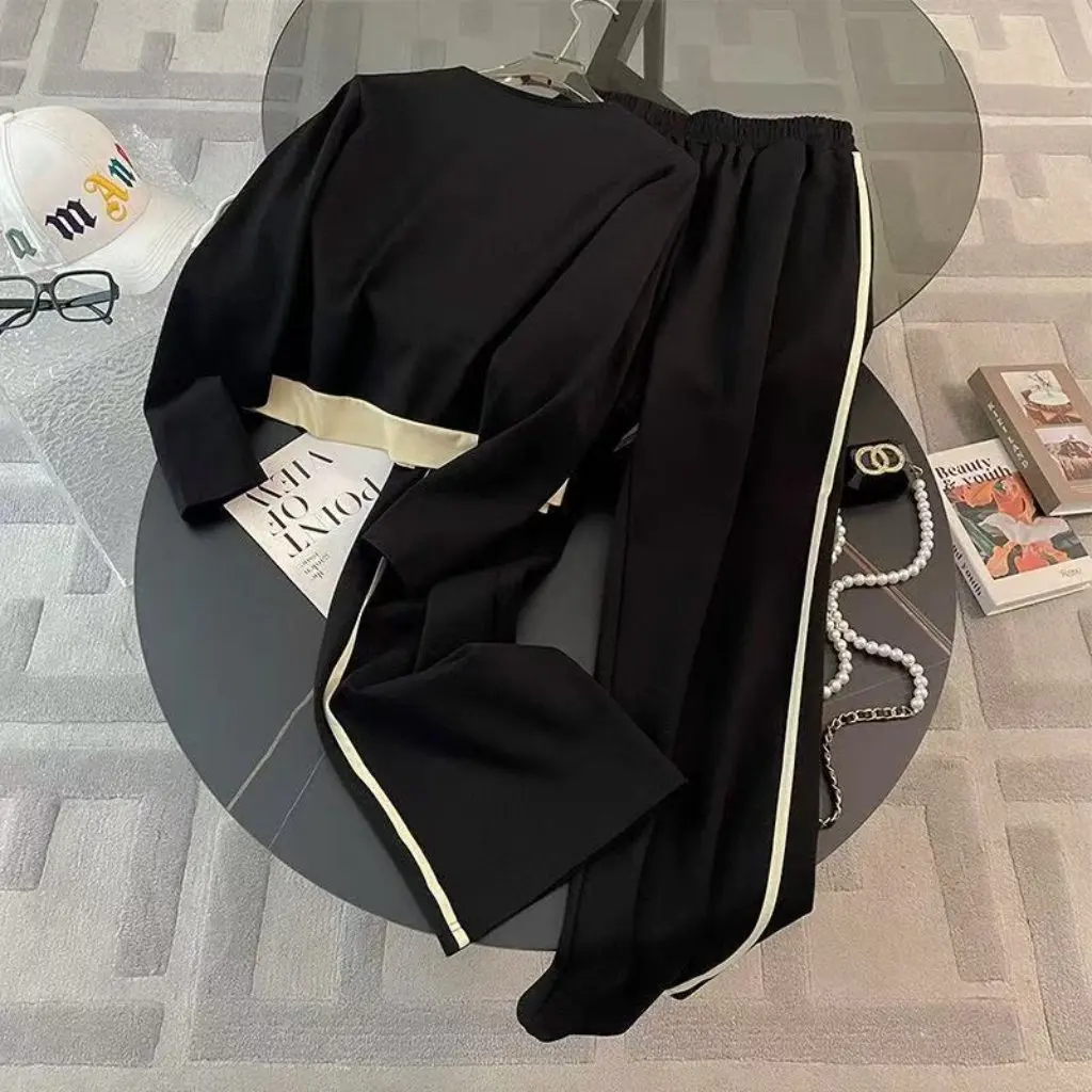 

Женский европейский стильный повседневный спортивный костюм, приталенный ароматный кардиган, широкие брюки, комплект из двух предметов на осень, элегантный