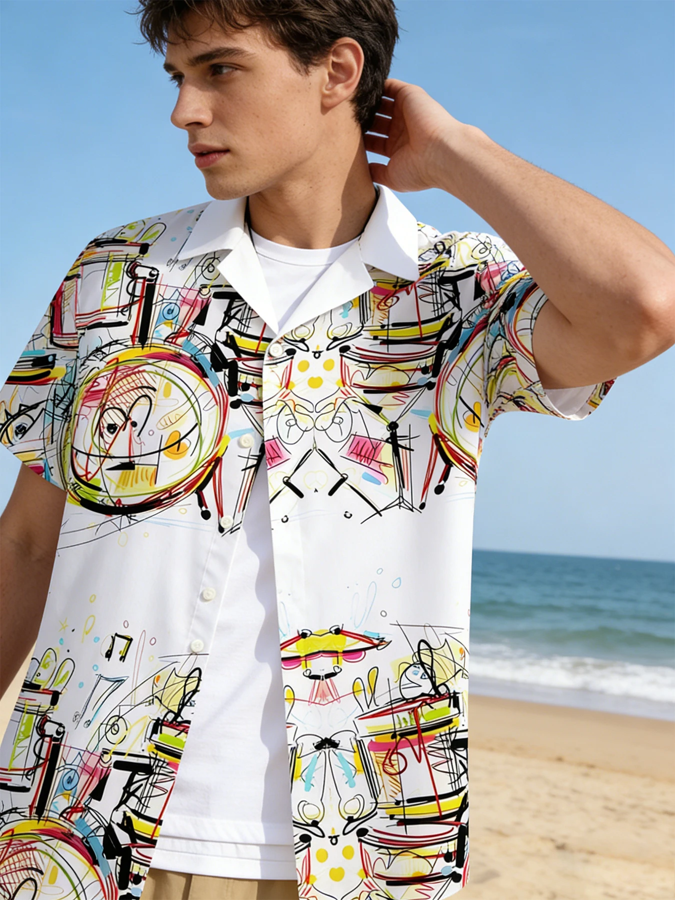 

Summer Men's Casual Music Shirt Drum Print Short Sleeve Camp Collar Festival Top