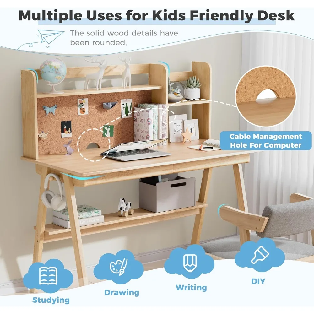 Kids Desk and Chair Set, Desk Hutch with Cork Bulletin Board, Wood Writing Desk for Kids, Suitable for Study Room, Bedroom