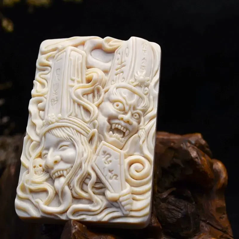 Mammoth Ivory Black and White Impermanent Good and Evil Paid Buddha Pendant Female Male Handmade Carved to Protect Master Peace