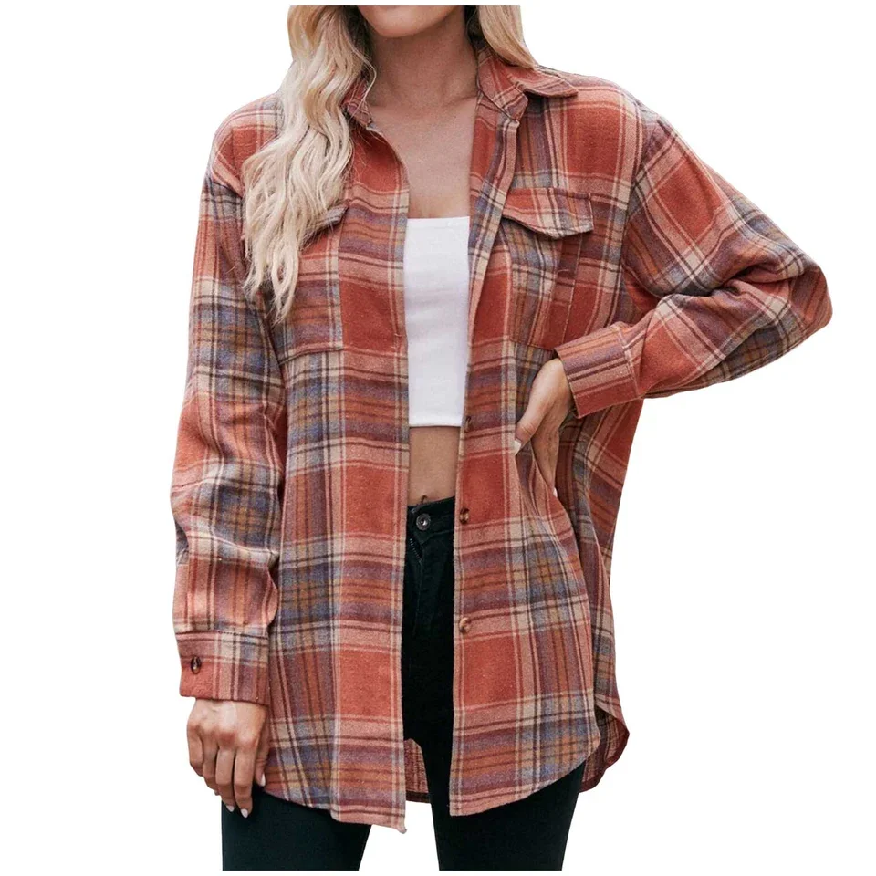 

Autumn Winter Button Down Loose Lapel Shirt Womens Women Fall And Winter Casual Plaid Shirt Lapel Korean Style блузка женская