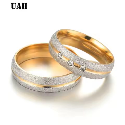 UAH Stainless steel Wedding Ring Silver Gold Color Simple Design Couple Alliance Ring Crystal Band Ring for Women and Men