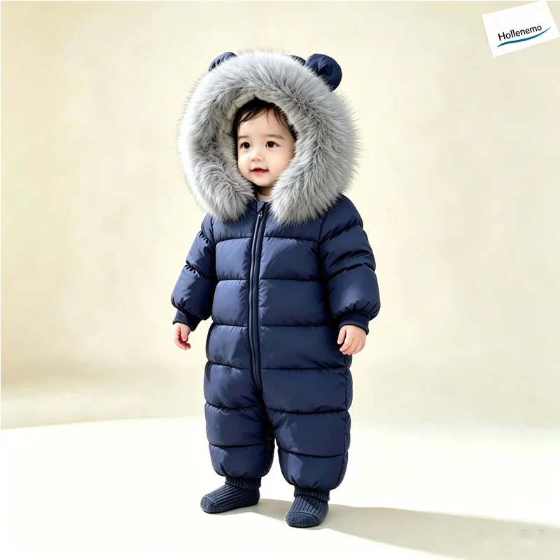 Baby Winter Snowsuit Hooded Faux Fur Collar Zipper Thick Warm Jumpsuit Romper Toddler Boys Girls Outdoor Cold Weather Onesie