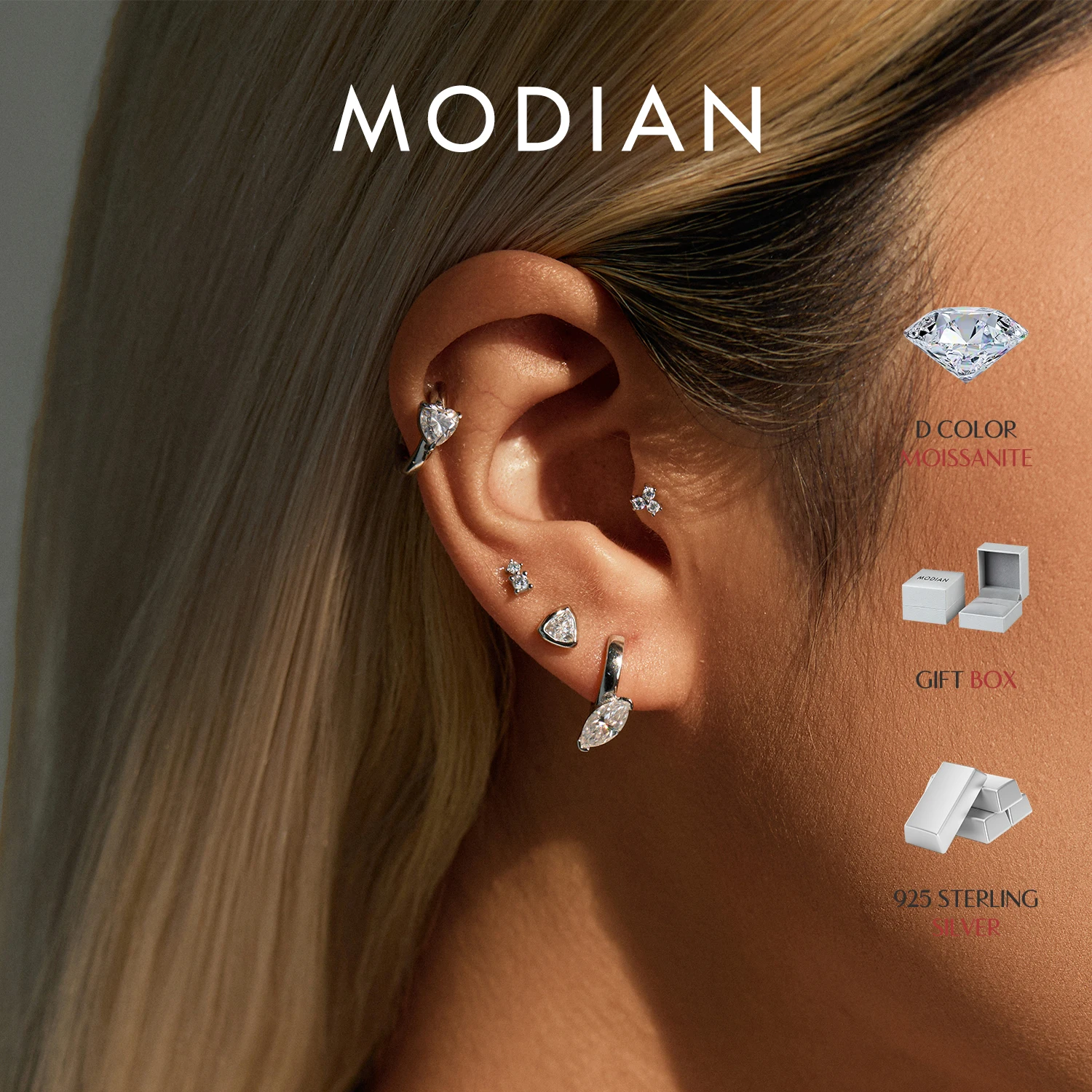 

MODIAN Moissanite Cartilage Stud 925 Sterling Simple Stackable Triangle Heart Screw Stud Earrings For Women And Men Fine Jewelry