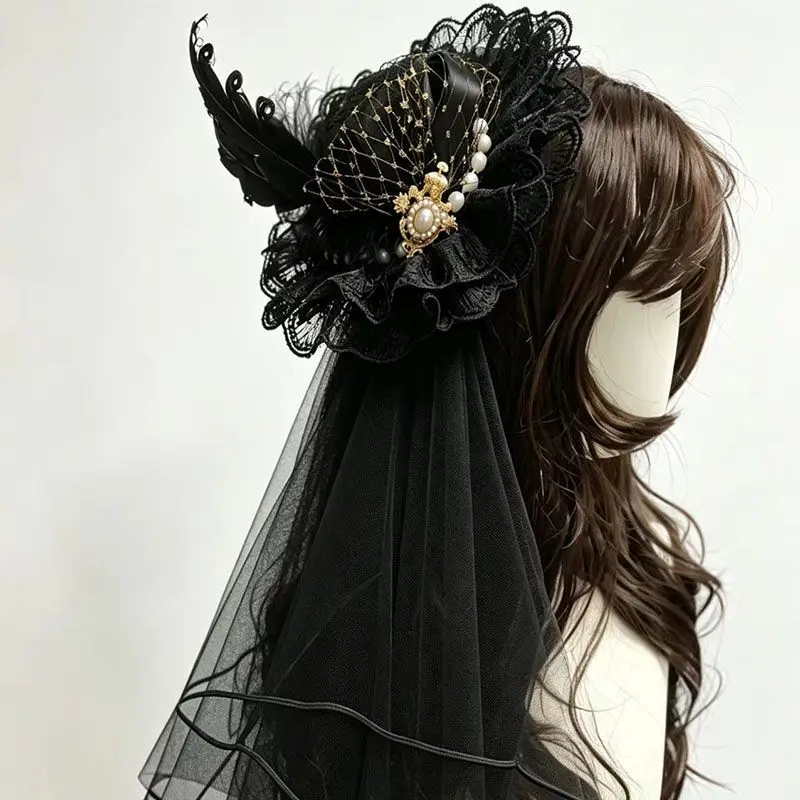 Sweet Lolita Feather Hair Clip Mini Hat, Handmade Lace Bowknot Multicolor Headpiece for Tea Party Cosplay