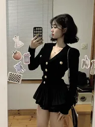 Chic Knitted Skirt Set Women's Puffy Half-length Spring Summer Fashion Two-piece Ensemble Polyester Fiber Long Sleeve V-neck