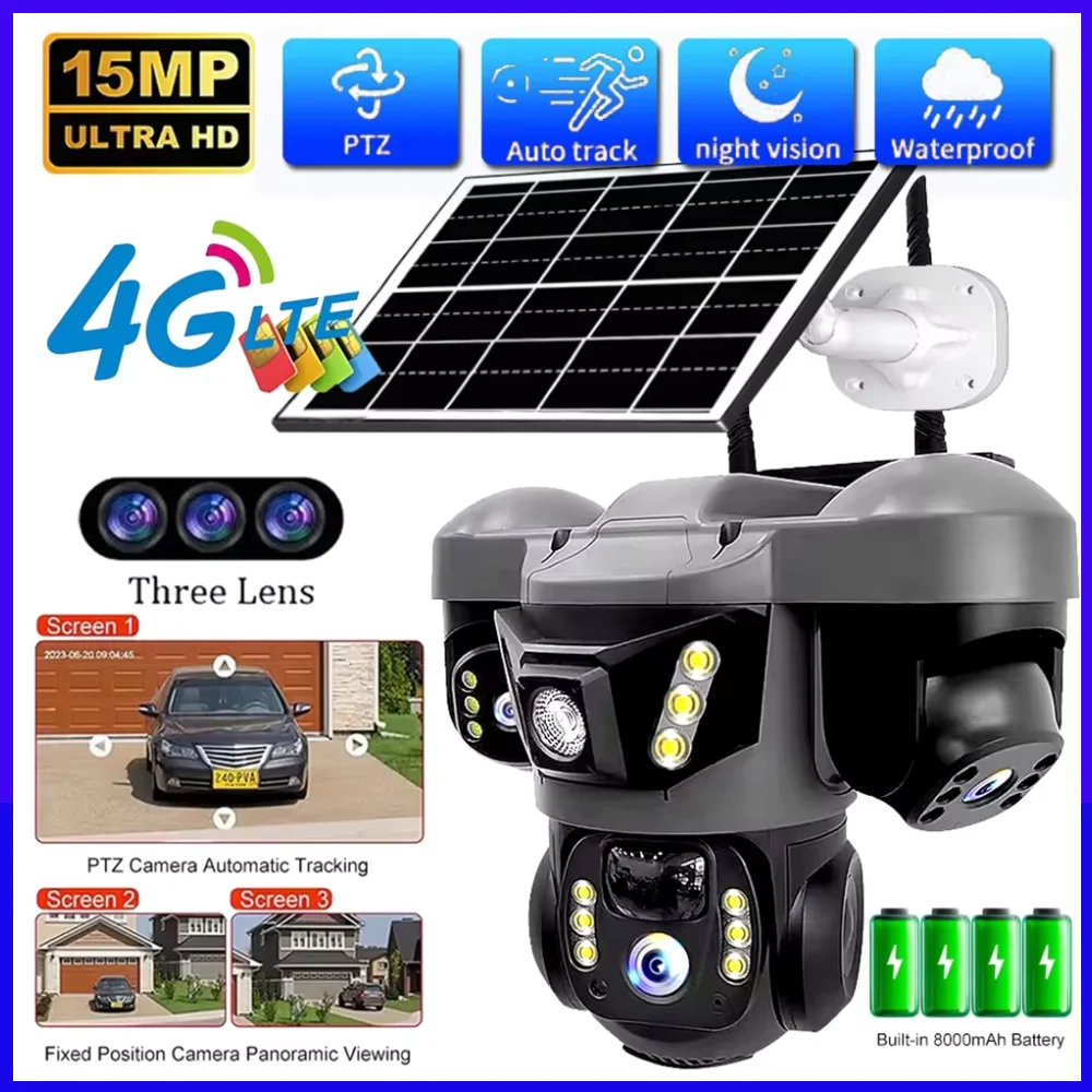 3 Lens 4G Solar Camera Tri-lens Security Protection CCTV Cameras Outdoor Smart Home Video Surveillance 15MP 8K HD Night Vision